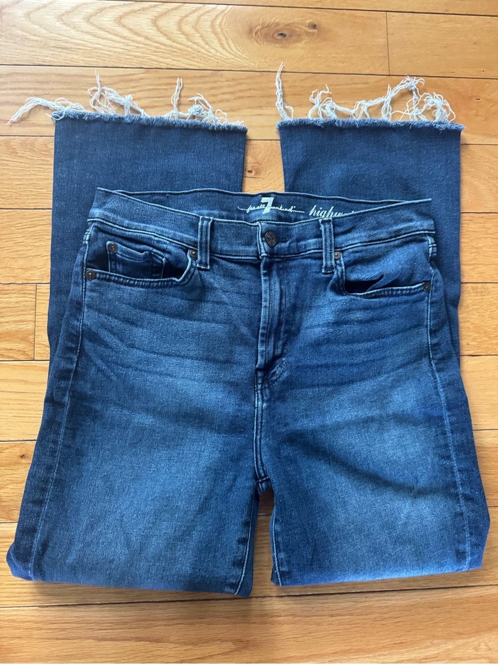 7 For All Mankind Dark Blue Frayed-Hem Wide Leg Jeans